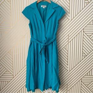 Kasper Retro Linen blend Pleated A line Dress pockets belted belt cap sleeves 6